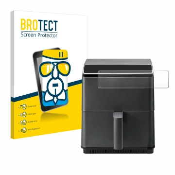 Vorderseite einer Produktverpackung mit dem Markenlogo BROTECT. Daneben ist das Gerät Cosori CAF-P583S mit dem zugehörigen Dis