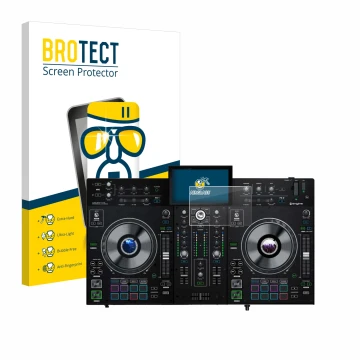 Vorderseite einer Produktverpackung mit dem Markenlogo BROTECT. Daneben ist das Gerät Denon DJ Prime 2 mit dem zugehörigen Dis