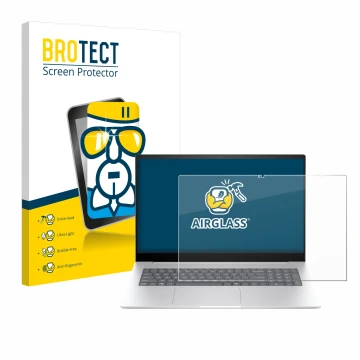 Vorderseite einer Produktverpackung mit dem Markenlogo BROTECT. Daneben ist das Gerät HP Envy 17 2024 mit dem zugehörigen Disp