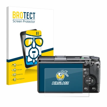 Vorderseite einer Produktverpackung mit dem Markenlogo BROTECT. Daneben ist das Gerät Ricoh GR III HDF mit dem zugehörigen Dis