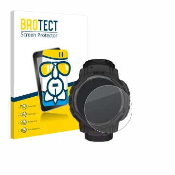 Vorderseite einer Produktverpackung mit dem Markenlogo BROTECT. Daneben ist das Gerät Garmin Instinct Crossover Solar mit dem 