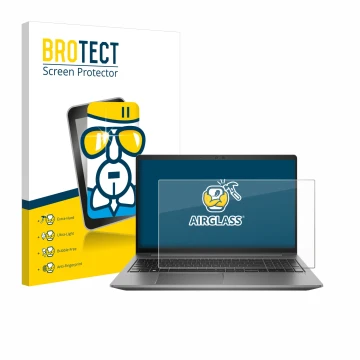 Vorderseite einer Produktverpackung mit dem Markenlogo BROTECT. Daneben ist das Gerät HP Zbook Power 15 G10 mit dem zugehörige