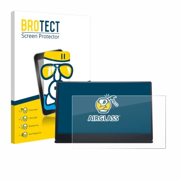 Vorderseite einer Produktverpackung mit dem Markenlogo BROTECT. Daneben ist das Gerät Dell P1424H mit dem zugehörigen Displays