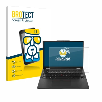 Vorderseite einer Produktverpackung mit dem Markenlogo BROTECT. Daneben ist das Gerät Lenovo ThinkPad X13 Gen 5 mit dem zugehö