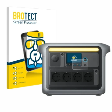 Vorderseite einer Produktverpackung mit dem Markenlogo BROTECT. Daneben ist das Gerät Anker SOLIX C1000X mit dem zugehörigen D