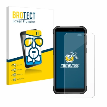 Vorderseite einer Produktverpackung mit dem Markenlogo BROTECT. Daneben ist das Gerät Oukitel WP32 mit dem zugehörigen Display