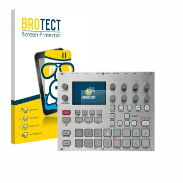 Vorderseite einer Produktverpackung mit dem Markenlogo BROTECT. Daneben ist das Gerät Elektron Syntakt E25 Remix Edition mit d