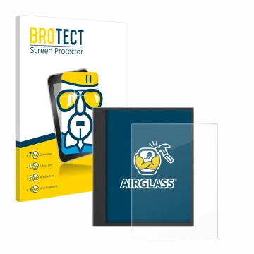 Vorderseite einer Produktverpackung mit dem Markenlogo BROTECT. Daneben ist das Gerät PocketBook InkPad Eo (2024) mit dem zuge