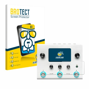 Vorderseite einer Produktverpackung mit dem Markenlogo BROTECT. Daneben ist das Gerät Hotone Ampero II Stomp mit dem zugehörig