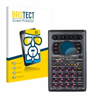 Vorderseite einer Produktverpackung mit dem Markenlogo BROTECT. Daneben ist das Gerät Roland SP-404MKII mit dem zugehörigen Di