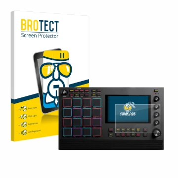 Vorderseite einer Produktverpackung mit dem Markenlogo BROTECT. Daneben ist das Gerät Akai MPC Live II mit dem zugehörigen Dis