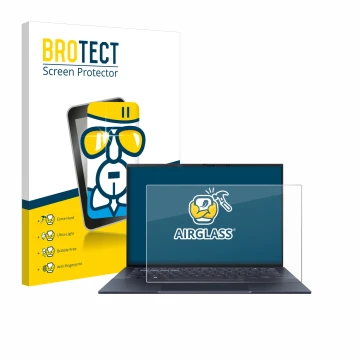 Vorderseite einer Produktverpackung mit dem Markenlogo BROTECT. Daneben ist das Gerät ASUS ExpertBook B9 B9403 mit dem zugehör