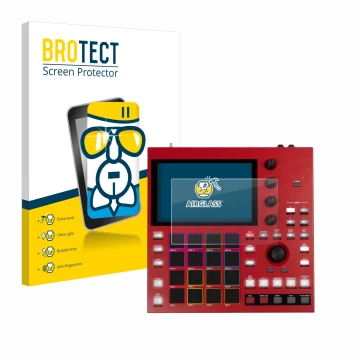 Vorderseite einer Produktverpackung mit dem Markenlogo BROTECT. Daneben ist das Gerät Akai MPC One+ mit dem zugehörigen Displa