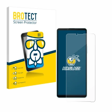 Vorderseite einer Produktverpackung mit dem Markenlogo BROTECT. Daneben ist das Gerät Sony Xperia 10 VI mit dem zugehörigen Di