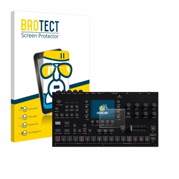 Vorderseite einer Produktverpackung mit dem Markenlogo BROTECT. Daneben ist das Gerät Elektron Octatrack MKII mit dem zugehöri