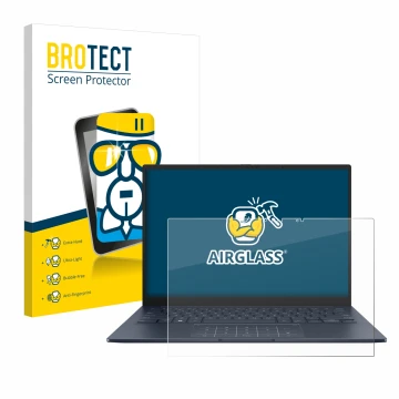 Vorderseite einer Produktverpackung mit dem Markenlogo BROTECT. Daneben ist das Gerät ASUS ZenBook 14 OLED UX3405 Touch mit de