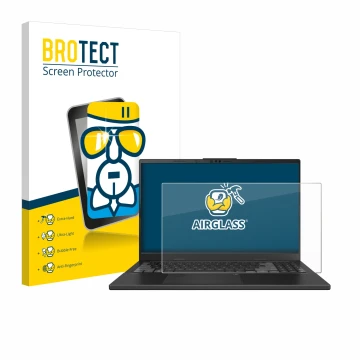 Vorderseite einer Produktverpackung mit dem Markenlogo BROTECT. Daneben ist das Gerät ASUS VivoBook Pro 15 OLED N6506 mit dem 
