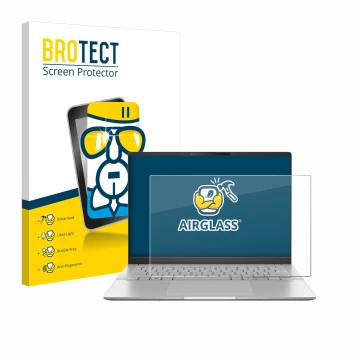 Vorderseite einer Produktverpackung mit dem Markenlogo BROTECT. Daneben ist das Gerät ASUS Vivobook S 14 OLED M5406 mit dem zu