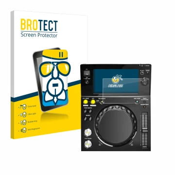 Vorderseite einer Produktverpackung mit dem Markenlogo BROTECT. Daneben ist das Gerät Pioneer XDJ -700 mit dem zugehörigen Dis