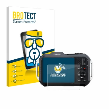 Vorderseite einer Produktverpackung mit dem Markenlogo BROTECT. Daneben ist das Gerät Ricoh Pentax WG-1000 mit dem zugehörigen