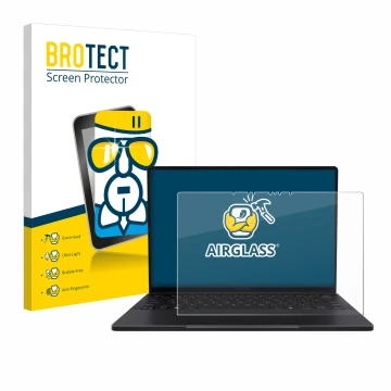 Vorderseite einer Produktverpackung mit dem Markenlogo BROTECT. Daneben ist das Gerät ASUS ProArt PX13 mit dem zugehörigen Dis