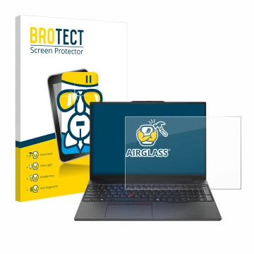 Vorderseite einer Produktverpackung mit dem Markenlogo BROTECT. Daneben ist das Gerät Lenovo ThinkPad E16 Gen 2 mit dem zugehö