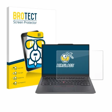 Vorderseite einer Produktverpackung mit dem Markenlogo BROTECT. Daneben ist das Gerät Lenovo ThinkPad E14 Gen 6 mit dem zugehö