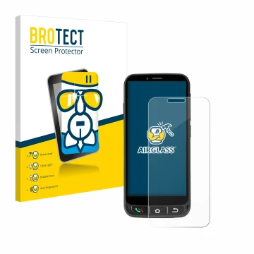Vorderseite einer Produktverpackung mit dem Markenlogo BROTECT. Daneben ist das Gerät SPC Zeus 4G Pro mit dem zugehörigen Disp