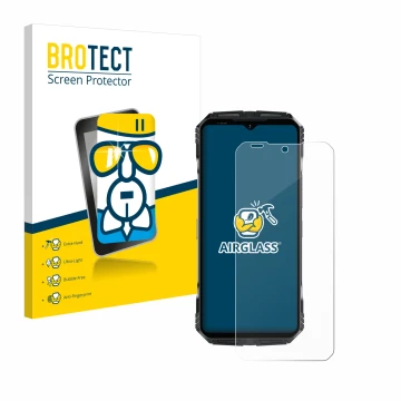 Vorderseite einer Produktverpackung mit dem Markenlogo BROTECT. Daneben ist das Gerät Doogee S118 mit dem zugehörigen Displays