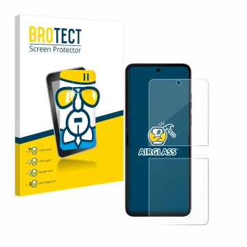 Vorderseite einer Produktverpackung mit dem Markenlogo BROTECT. Daneben ist das Gerät Motorola Razr 50 mit dem zugehörigen Dis