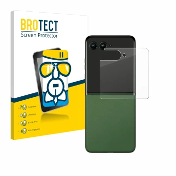 Vorderseite einer Produktverpackung mit dem Markenlogo BROTECT. Daneben ist das Gerät Motorola Razr 50 (Hinteres Display) mit 