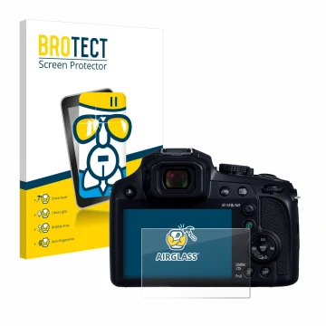 Vorderseite einer Produktverpackung mit dem Markenlogo BROTECT. Daneben ist das Gerät Panasonic Lumix DC-FZ82D mit dem zugehör