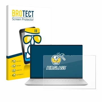 Vorderseite einer Produktverpackung mit dem Markenlogo BROTECT. Daneben ist das Gerät Dell XPS 16 9640 mit dem zugehörigen Dis