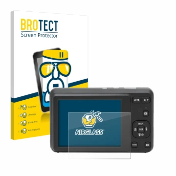 Vorderseite einer Produktverpackung mit dem Markenlogo BROTECT. Daneben ist das Gerät Kodak Pixpro FZ55 mit dem zugehörigen Di