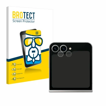 Vorderseite einer Produktverpackung mit dem Markenlogo BROTECT. Daneben ist das Gerät Samsung Galaxy Z Flip 6 (NUR Kameraschut