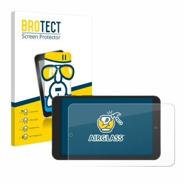 Vorderseite einer Produktverpackung mit dem Markenlogo BROTECT. Daneben ist das Gerät Mediacom SmartPad Iyo 8 mit dem zugehöri