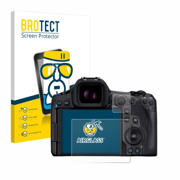 Vorderseite einer Produktverpackung mit dem Markenlogo BROTECT. Daneben ist das Gerät Canon EOS R5 Mark II mit dem zugehörigen