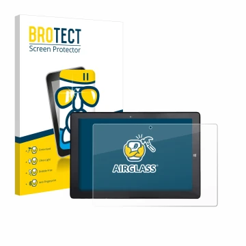 Vorderseite einer Produktverpackung mit dem Markenlogo BROTECT. Daneben ist das Gerät Awow AiBook 10 mit dem zugehörigen Displ