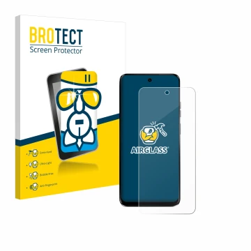 Vorderseite einer Produktverpackung mit dem Markenlogo BROTECT. Daneben ist das Gerät Motorola G34 5G mit dem zugehörigen Disp