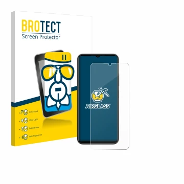Vorderseite einer Produktverpackung mit dem Markenlogo BROTECT. Daneben ist das Gerät ZTE Blade A54 mit dem zugehörigen Displa