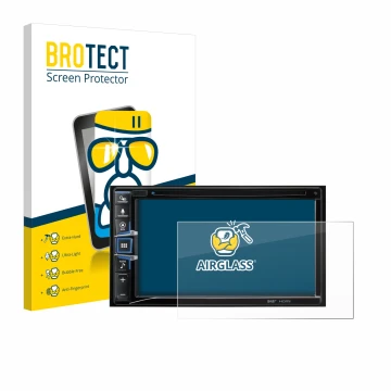 Vorderseite einer Produktverpackung mit dem Markenlogo BROTECT. Daneben ist das Gerät Alpine INE-W611D mit dem zugehörigen Dis