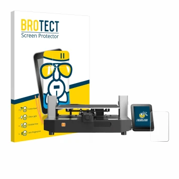 Vorderseite einer Produktverpackung mit dem Markenlogo BROTECT. Daneben ist das Gerät Anycubic Kobra 3 mit dem zugehörigen Dis