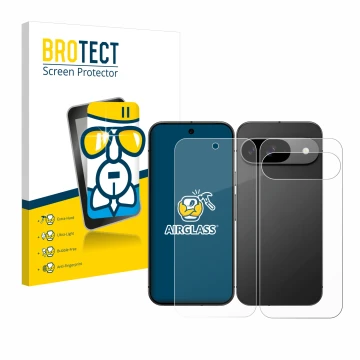 Vorderseite einer Produktverpackung mit dem Markenlogo BROTECT. Daneben ist das Gerät Google Pixel 9 (Display+Rückseite) mit d