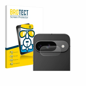 Vorderseite einer Produktverpackung mit dem Markenlogo BROTECT. Daneben ist das Gerät Google Pixel 9 (NUR Kameraschutz) mit de