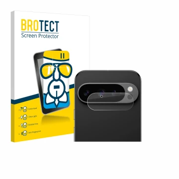 Vorderseite einer Produktverpackung mit dem Markenlogo BROTECT. Daneben ist das Gerät Google Pixel 9 Pro (NUR Kameraschutz) mi