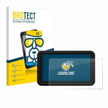 Vorderseite einer Produktverpackung mit dem Markenlogo BROTECT. Daneben ist das Gerät Atomos Shinobi 2 mit dem zugehörigen Dis