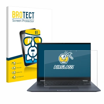 Vorderseite einer Produktverpackung mit dem Markenlogo BROTECT. Daneben ist das Gerät ASUS Vivobook S 14 Flip TN3402 mit dem z