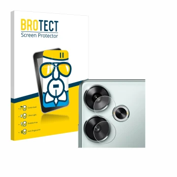 Vorderseite einer Produktverpackung mit dem Markenlogo BROTECT. Daneben ist das Gerät Xiaomi Poco F6 (nur Kameraschutz) mit de