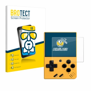 Vorderseite einer Produktverpackung mit dem Markenlogo BROTECT. Daneben ist das Gerät Miyoo Mini V4 mit dem zugehörigen Displa