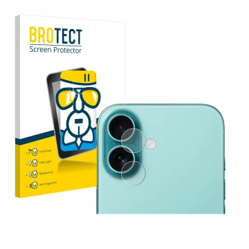 Vorderseite einer Produktverpackung mit dem Markenlogo BROTECT. Daneben ist das Gerät Apple iPhone 16 (NUR Kameraschutz) mit d